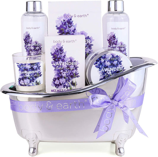 7pcs Bath & Body Set for Women, Calming Lavender Spa Gift Basket with Bubble Bath, Bath Salts ,Body Lotion